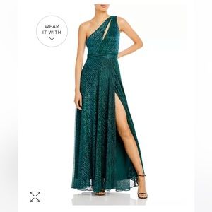 AQUA (Bloomingdale’s brand) One Shoulder Metallic Gown